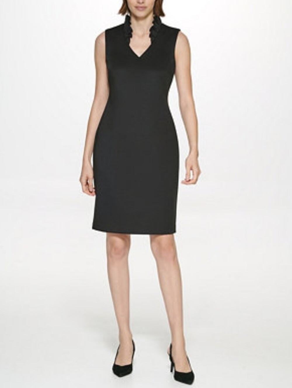 Calvin Klein Black Ruffle Stand Up Neck Sheeth Dress with Gold Zip, EUC, 8